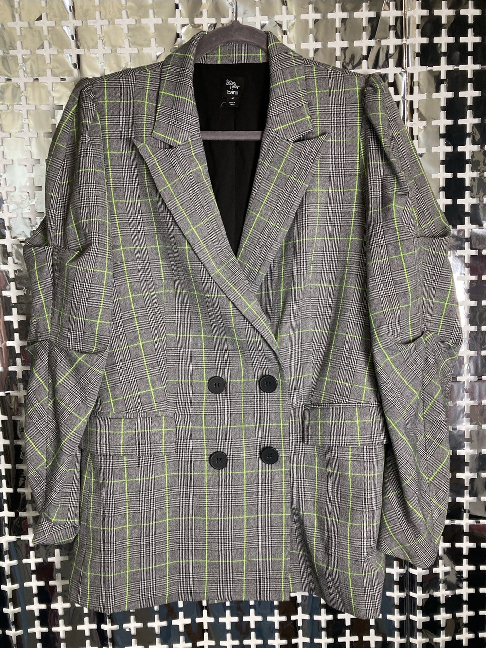 Bar III Gray Plaid Blazer with Neon Green Windowpane